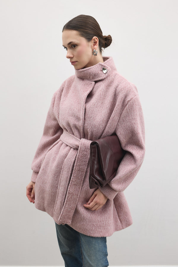 Yaka Detay Kaşe Kaban - Pembe