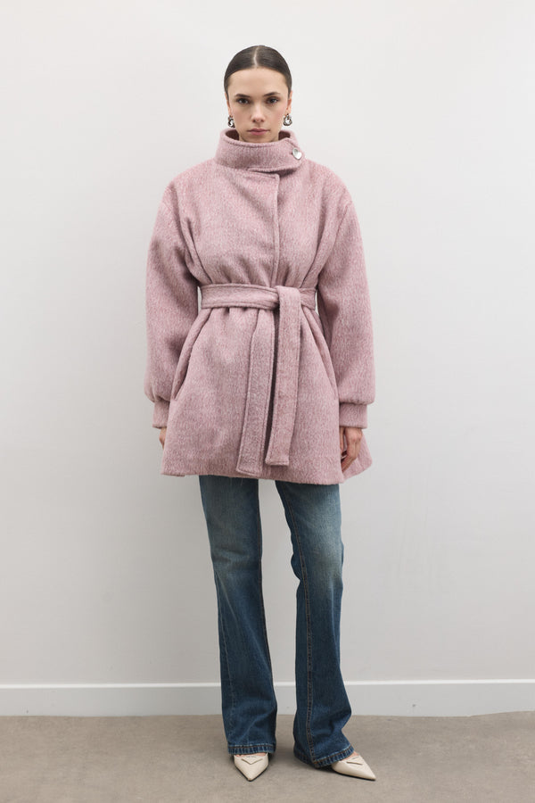 Yaka Detay Kaşe Kaban - Pembe