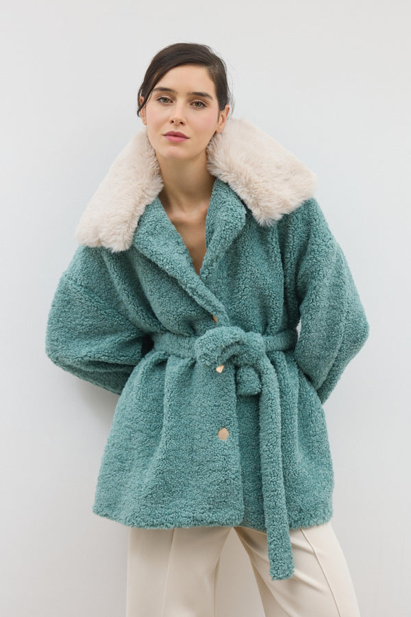 Yaka Kürklü Curly Kuşaklı Kaban - Mint