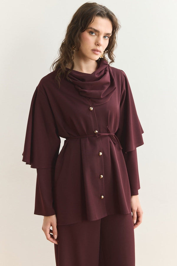 Yaka Şallı Pantolon Takım - Mürdüm