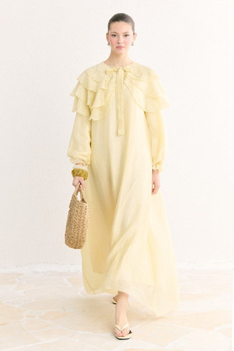Collared Embellished Ruffled Dress - Sage