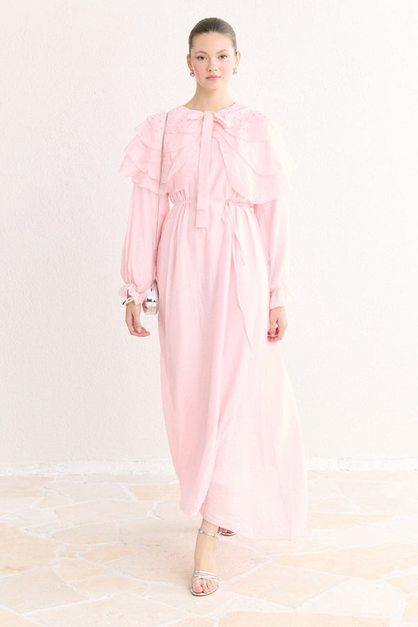 Yaka Taşlı Volanlı Elbise - Pembe