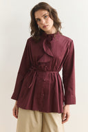 Collar Ruffled Compact Satin Shirt - Burgundy