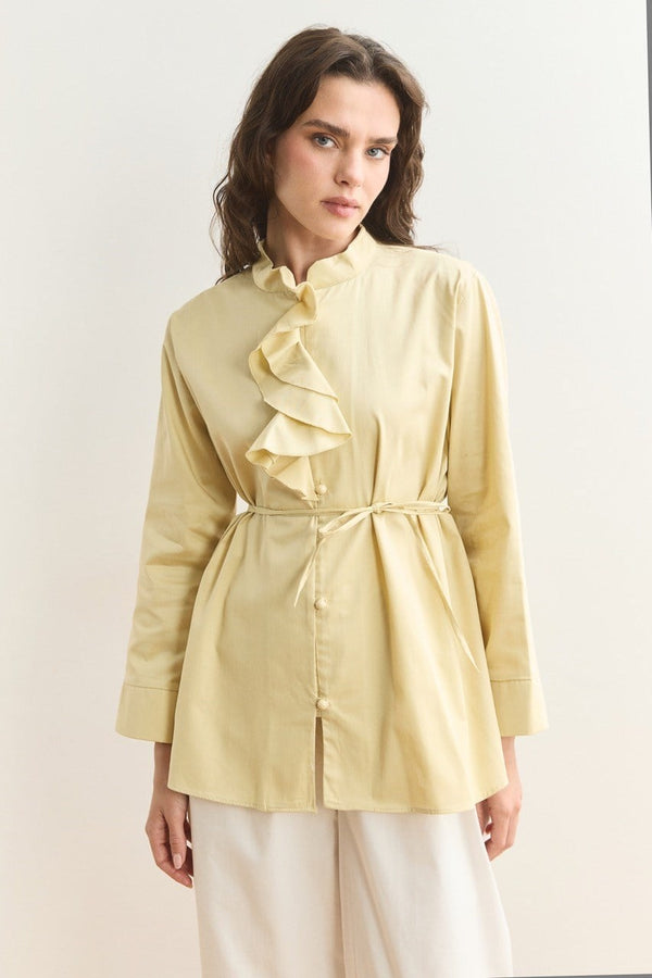 Yaka Volanlı Compact Saten Gömlek - Butter Yellow