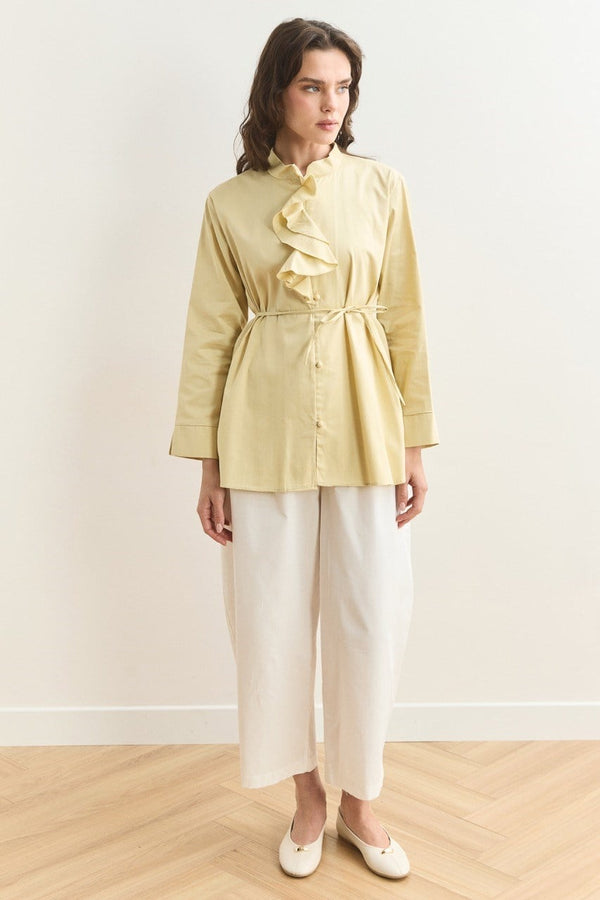 Yaka Volanlı Compact Saten Gömlek - Butter Yellow