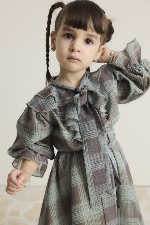 Ruffled Collar Chiffon Plaid Dress - Khaki