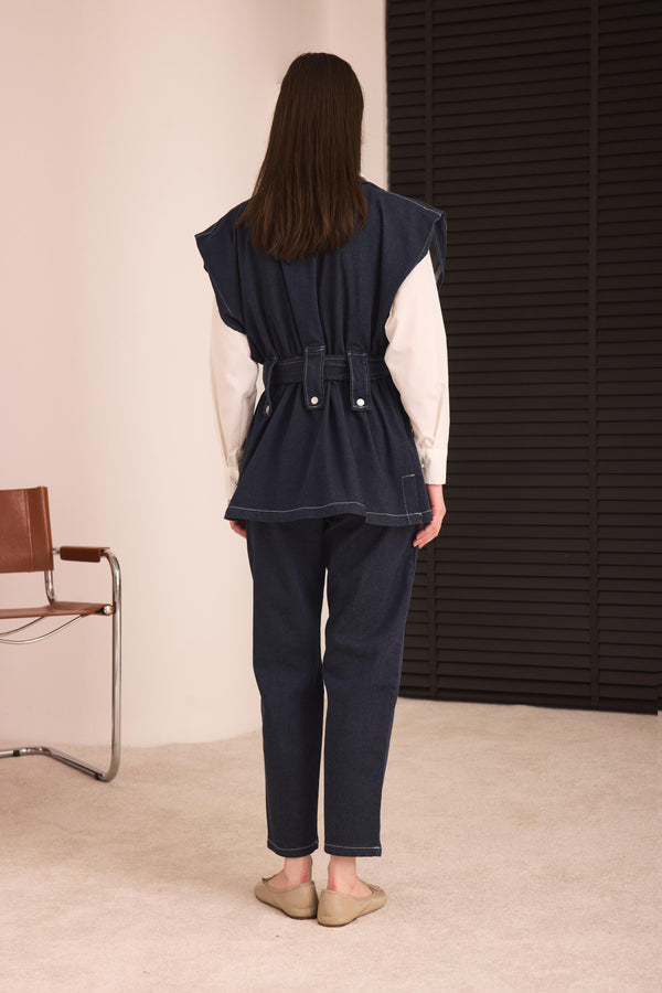 Yelekli Denim Pantolonlu Takım - Lacivert