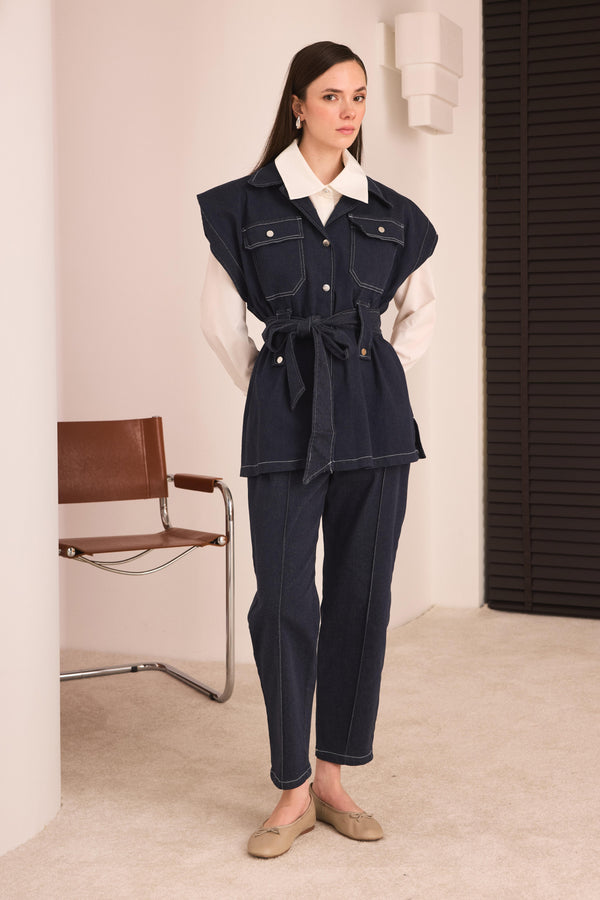 Yelekli Denim Pantolonlu Takım - Lacivert