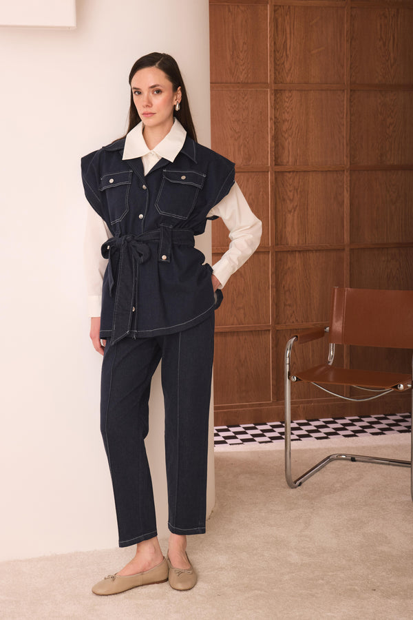Yelekli Denim Pantolonlu Takım - Lacivert