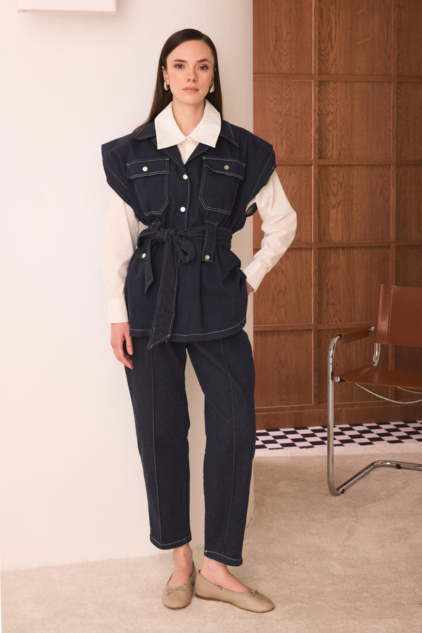 Yelekli Denim Pantolonlu Takım - Lacivert
