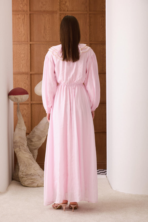 Yelia Volan Simli Yaka Biritli Elbise - Pembe