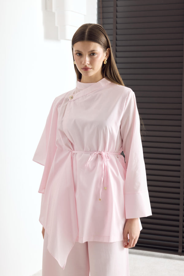 Yella Kol Volanlı Kruvaze Dacron Gömlek - Pembe