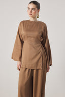 Yırtmaç Detaylı Pantolonlu Takım - Camel