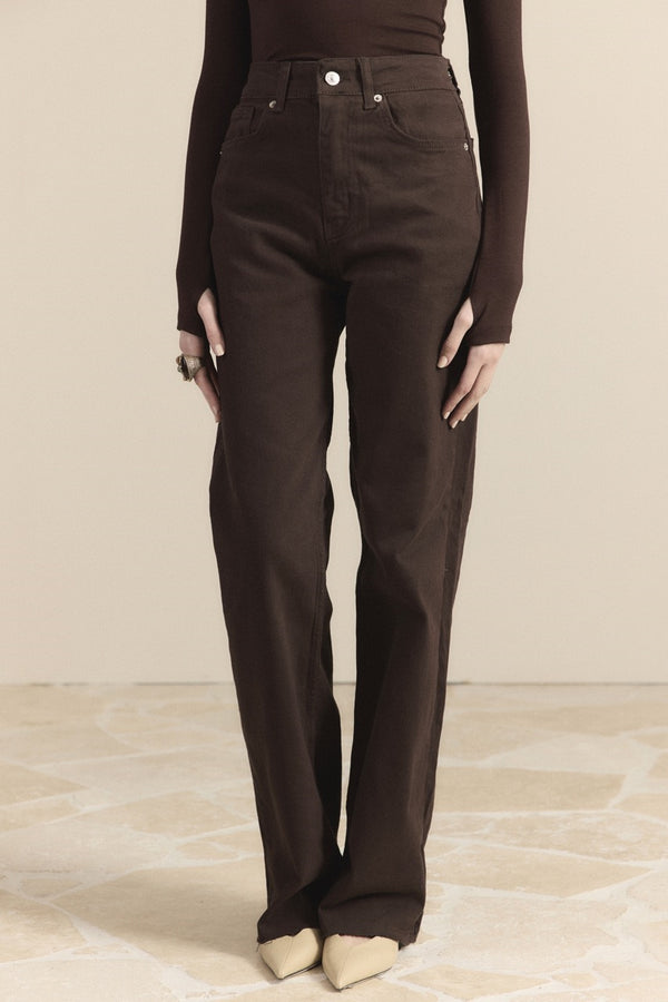 Yüksek Bel Straight Kot Pantolon - Kahve