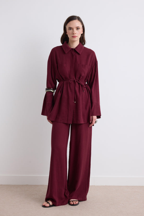 Zoya Çift Cepli Keten Takım - Bordo