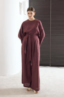 Zoya Pantolon Pileli Keten Takım - Bordo