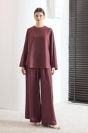 Zoya Pantolon Pileli Keten Takım - Bordo