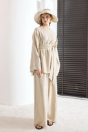 Zoya Pantolon Pileli Keten Takım - Naturel